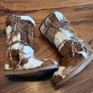 AU& MU Tall Suede Fur, Shearling and Sheepskin Boots with Beaded Accents